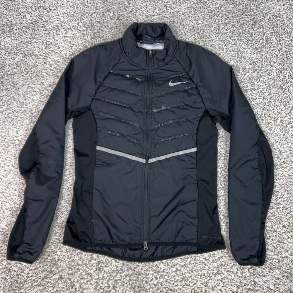 Nike Jacket Womens Small Black Aeroloft Down 800 Running Full Zip Reflective Top
